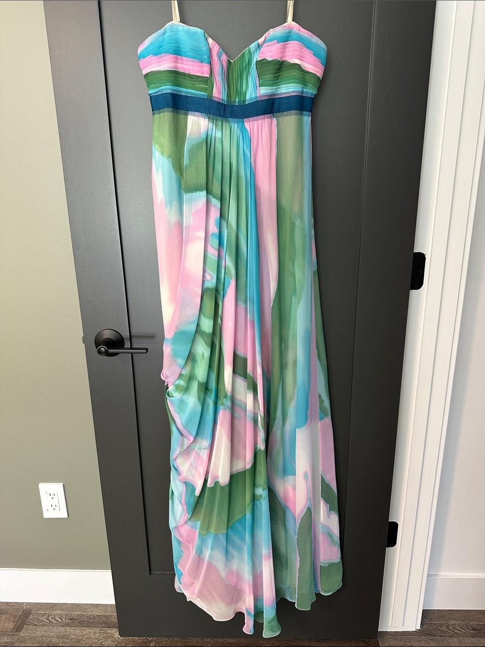 BCBGMaxAzria Strapless Pastel Watercolor Maxi Dress in Pink, Green & Blue